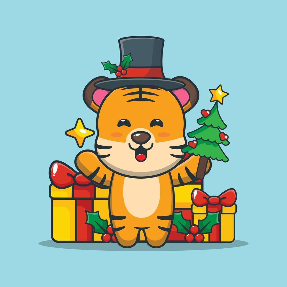 cute tiger holding star and christmas tree vector