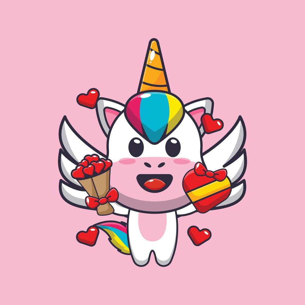 lindo personaje de dibujos animados de cupido unicornio con regalo de amor y ramo de amor vector