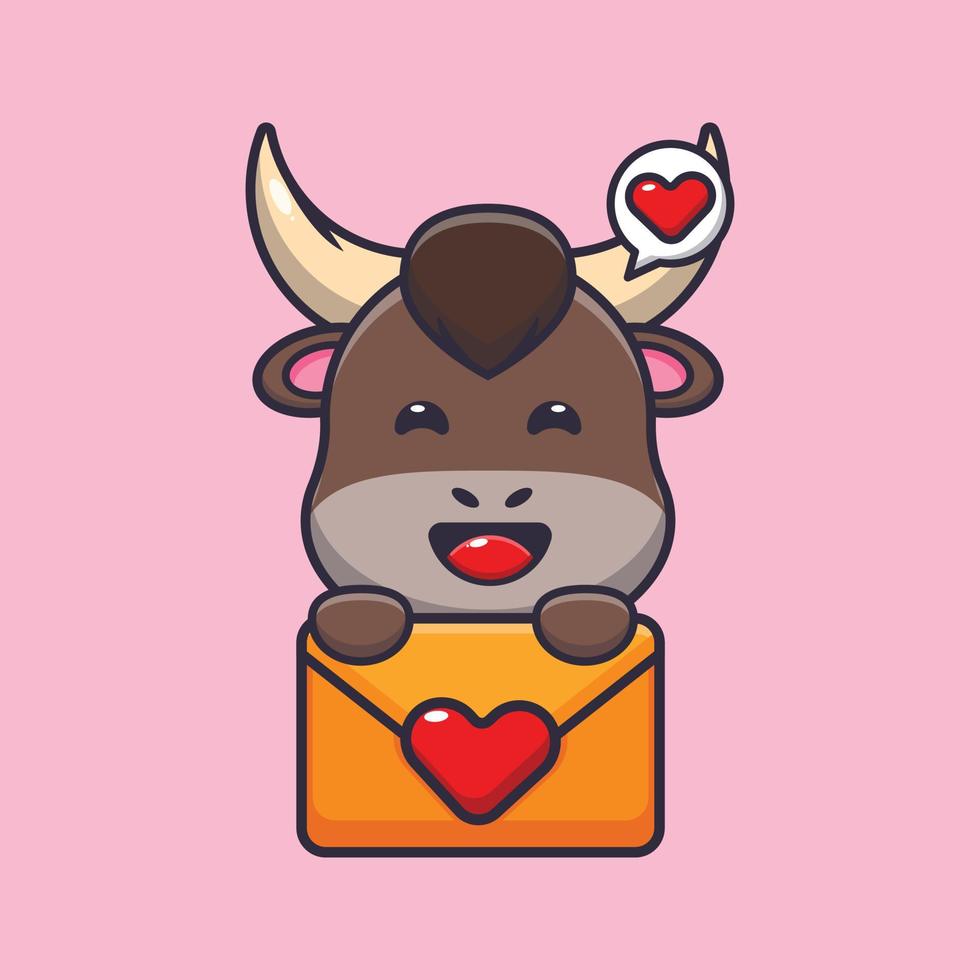lindo personaje de dibujos animados de toro con mensaje de amor vector