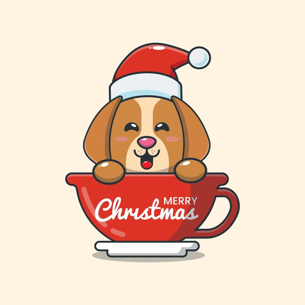 lindo perro con gorro de Papá Noel en taza vector