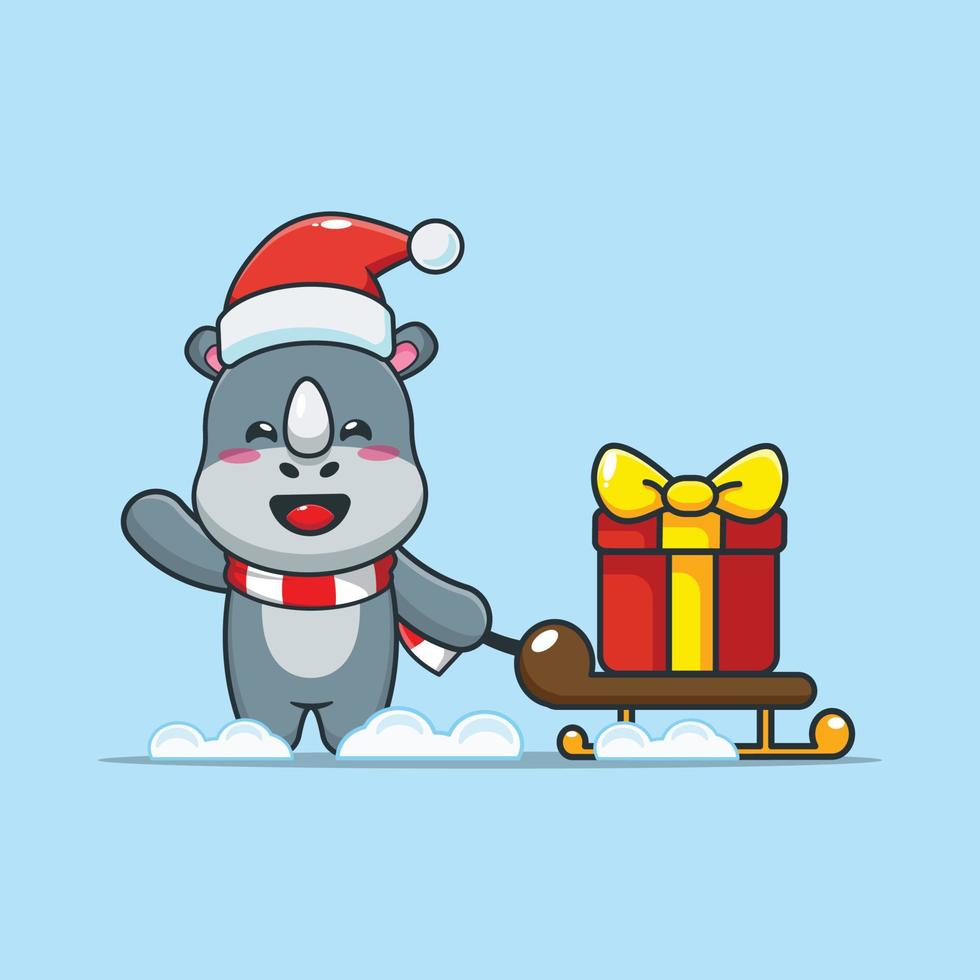 Cute rhino carrying christmas gift box vector