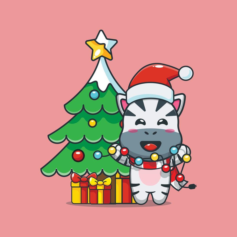 cute zebra with christmast lamp vector