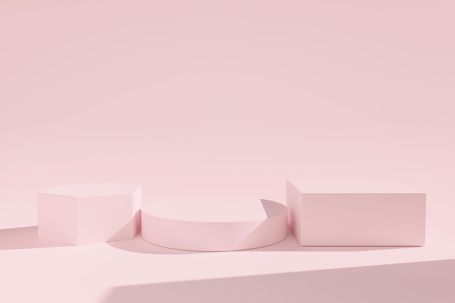 3d rendering. Three blank Podium minimal abstract scene geometric shape on pink background. 3D Podium mockup or platform for cosmetic product presentation. photo