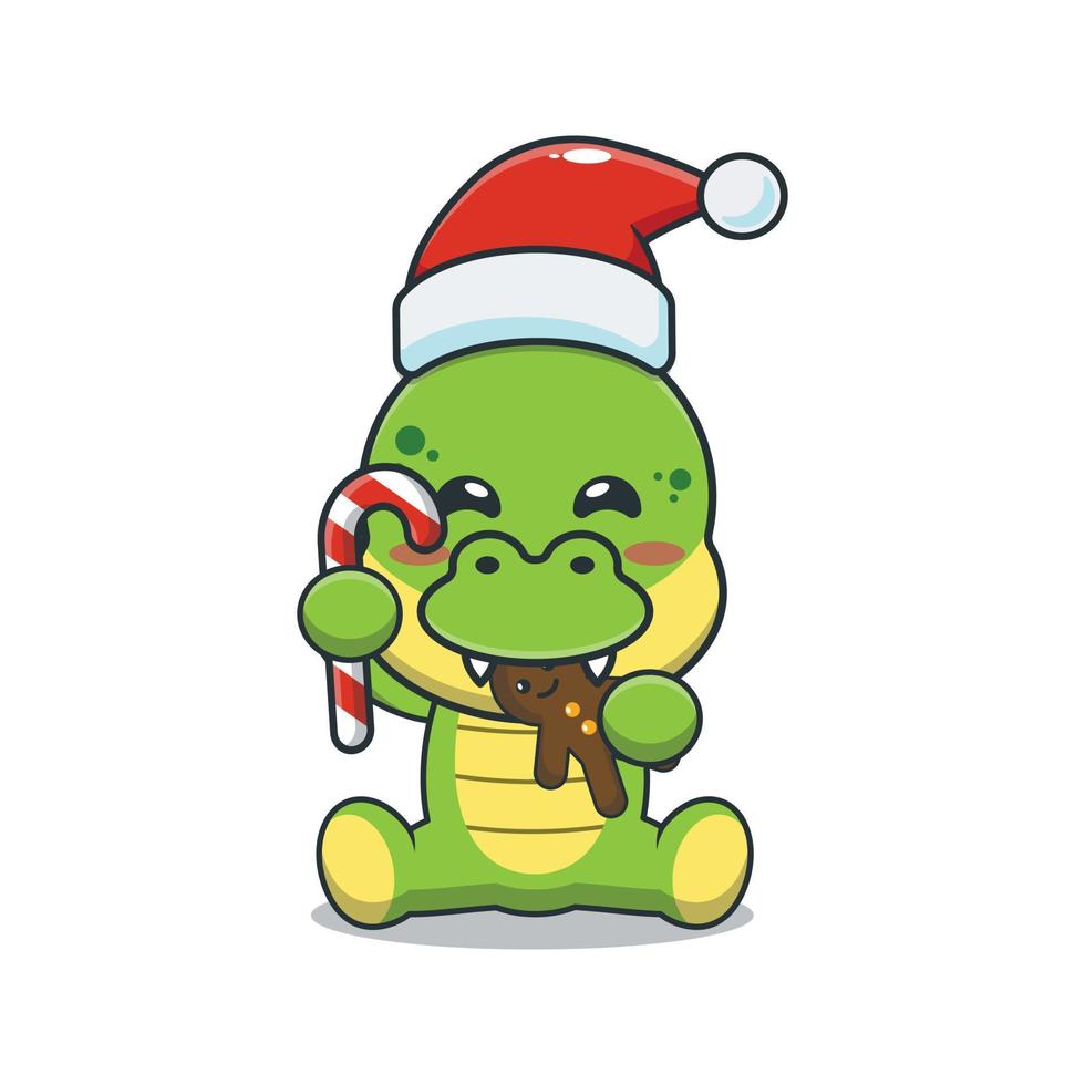 Cute dinosaur eating christmas cookies and candy vector