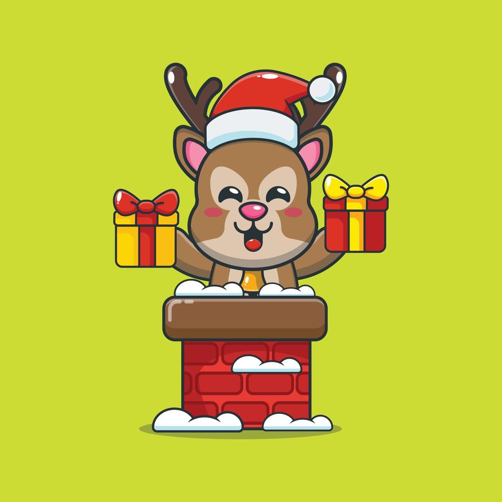 Cute deer with santa hat in the chimney vector