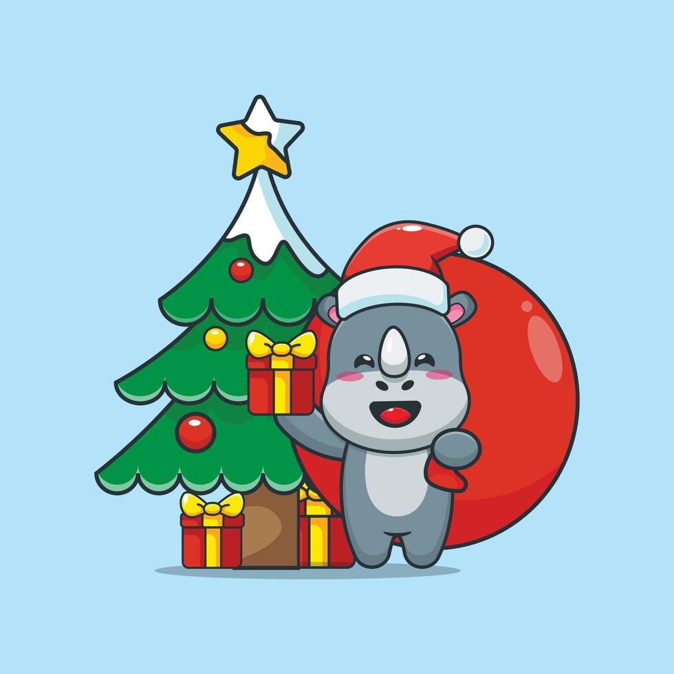 Cute rhino carrying christmas gift box with santa bag vector