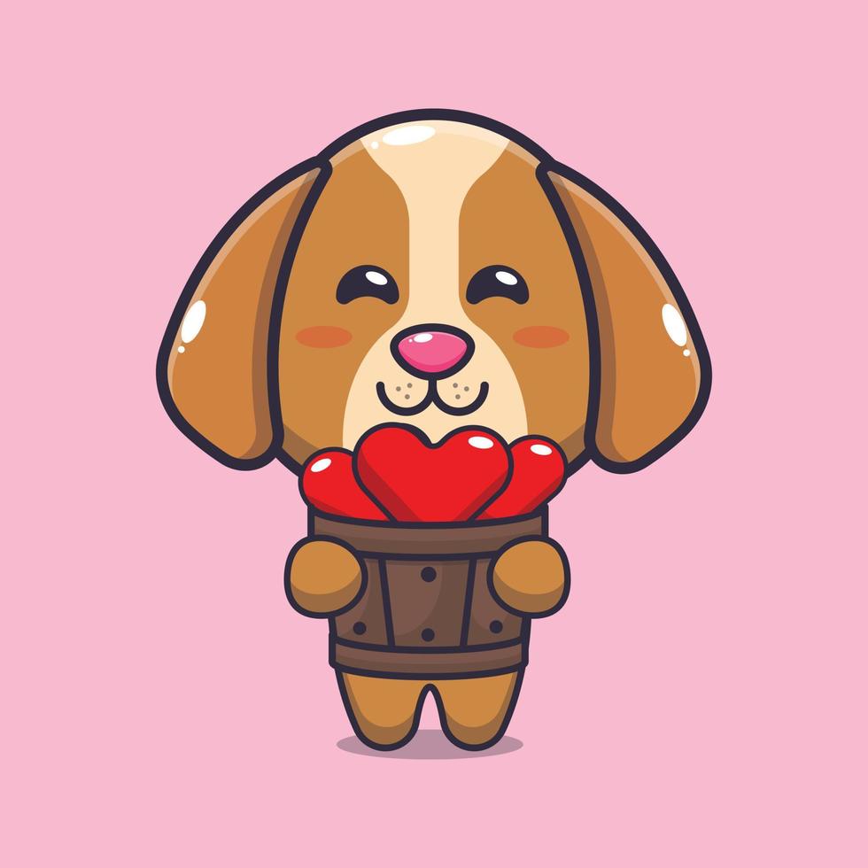 cute dog cartoon character holding love in wood bucket vector