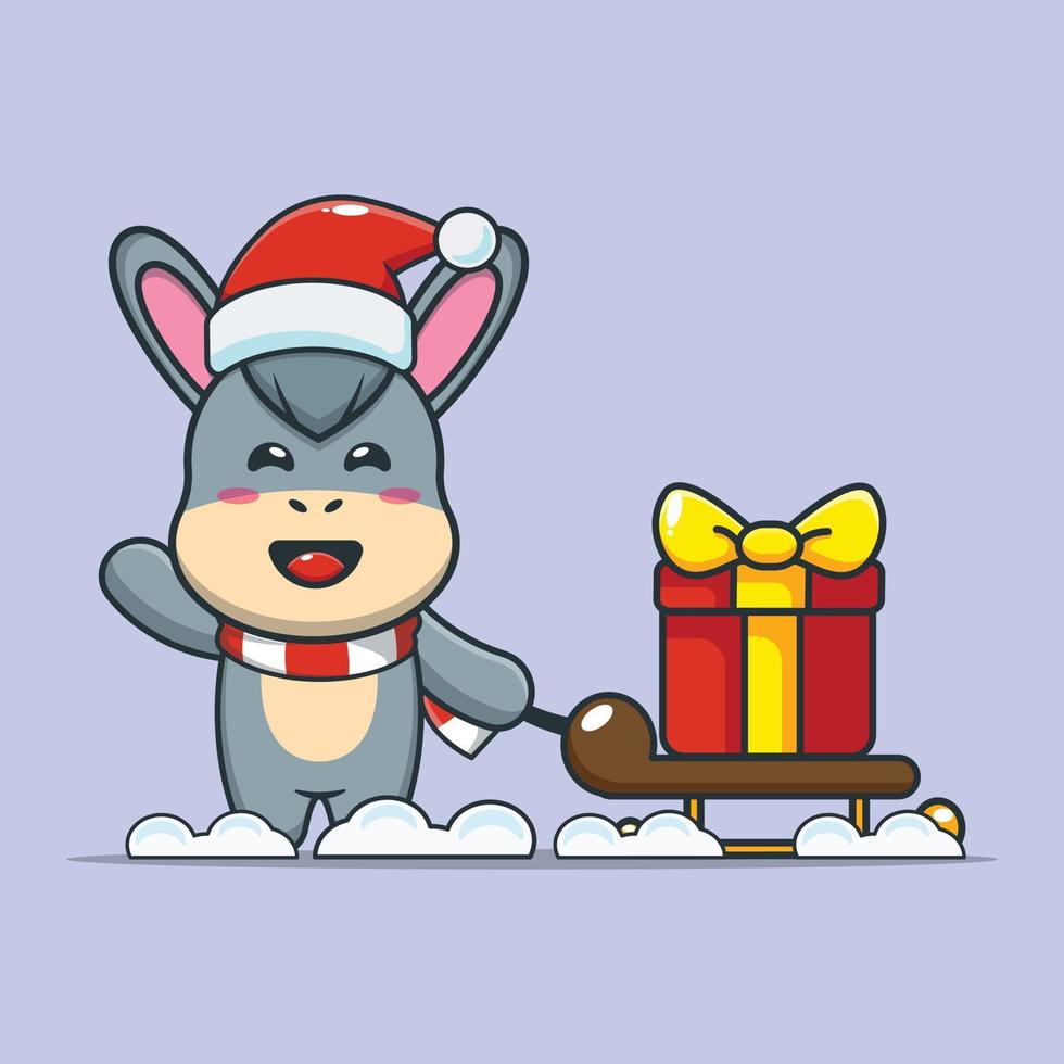 Cute donkey carrying christmas gift box vector