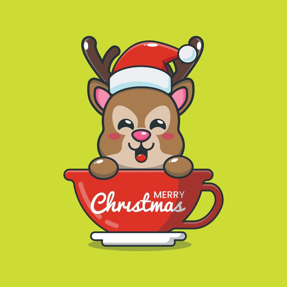Cute deer wearing santa hat in cup vector