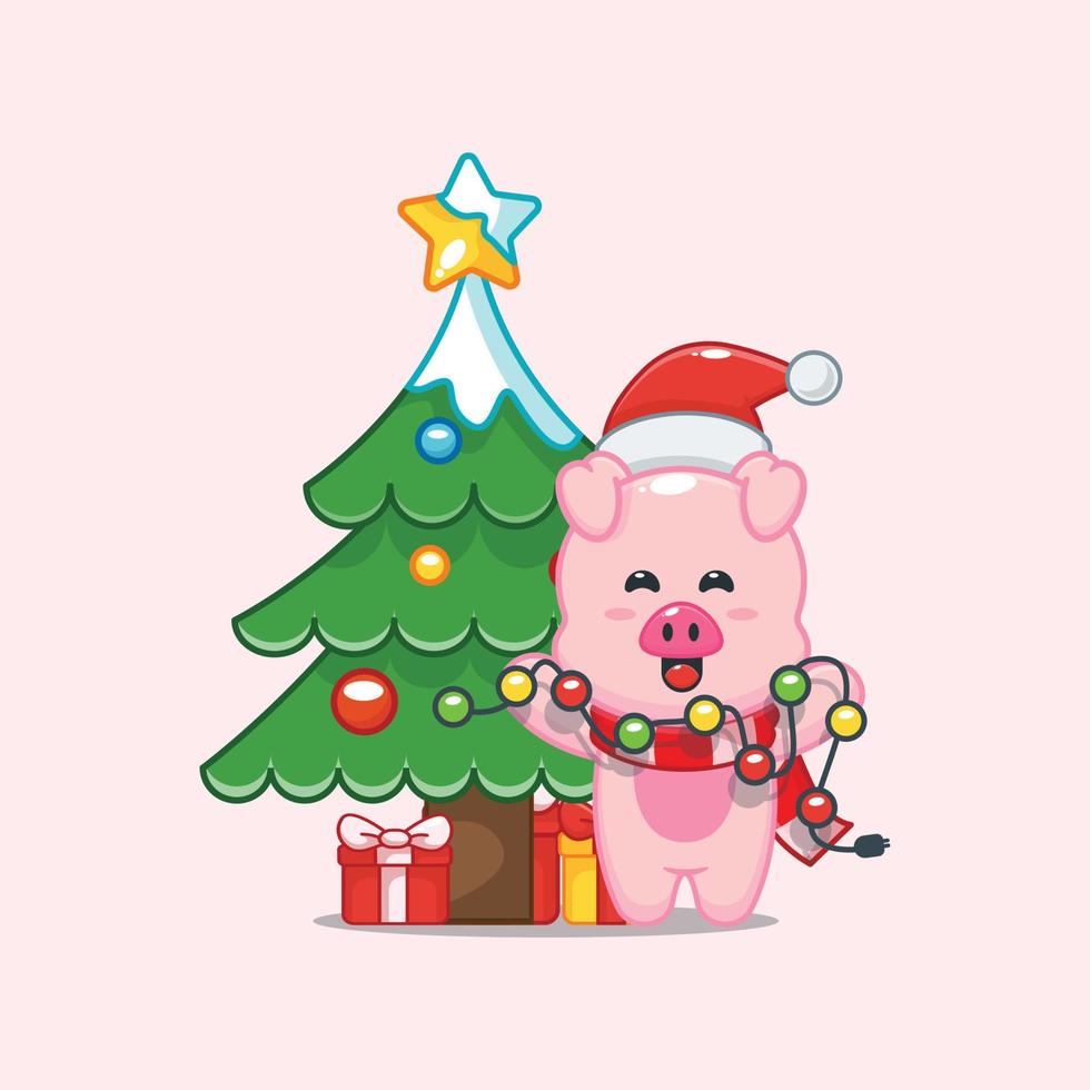 cute pig with christmast lamp vector