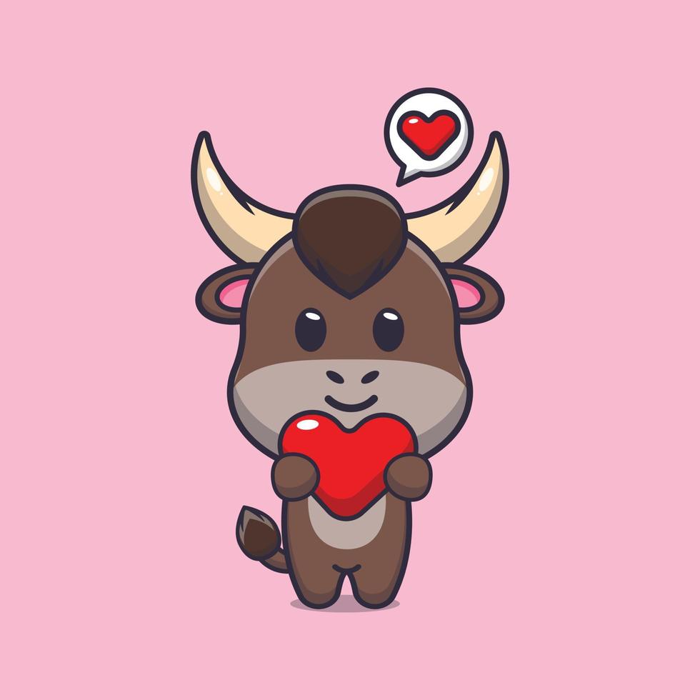 lindo personaje de dibujos animados de toro con corazón de amor vector