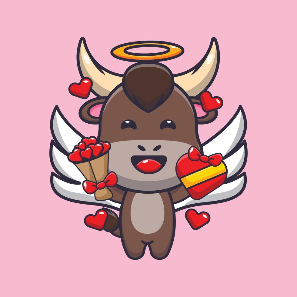 lindo personaje de dibujos animados de toro cupido con regalo de amor y ramo de amor vector