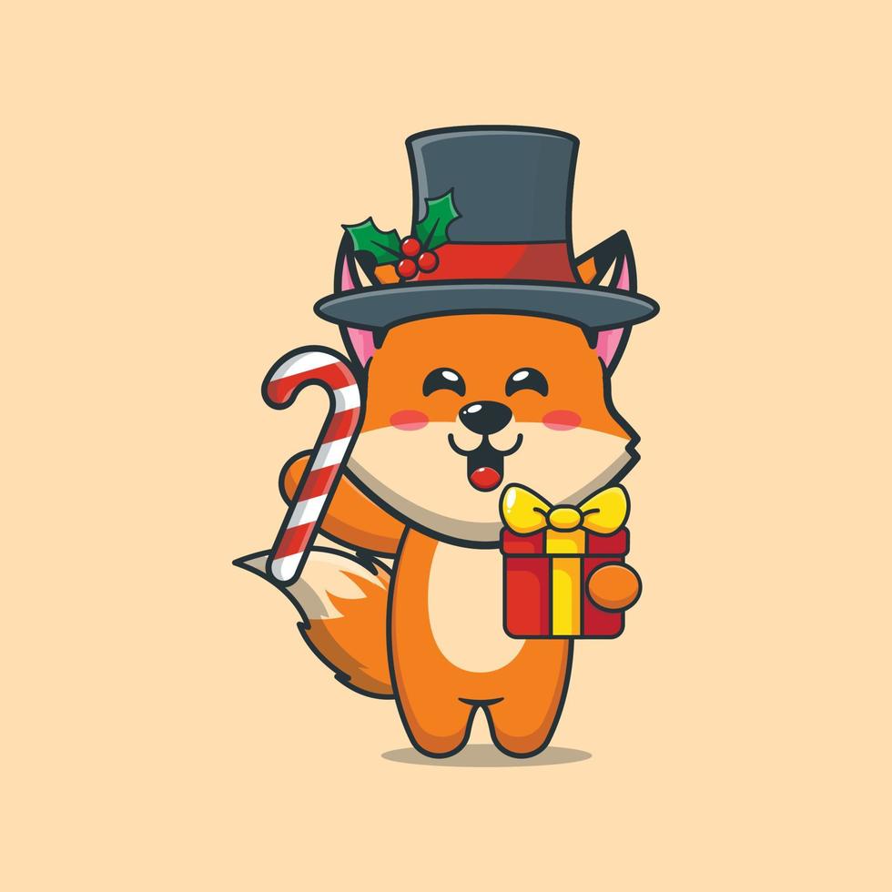 Cute fox holding christmas candy and gift vector