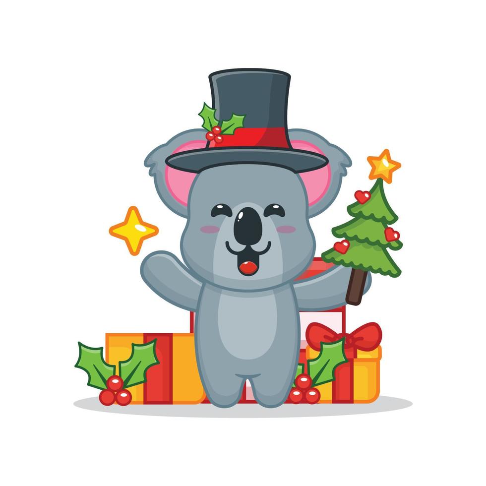 lindo koala sosteniendo estrella y árbol de navidad vector