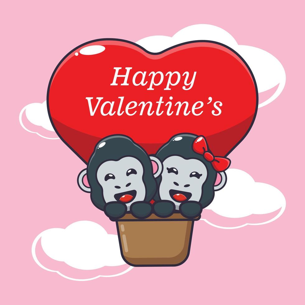 cute gorilla cartoon character fly with air balloon in valentines day vector
