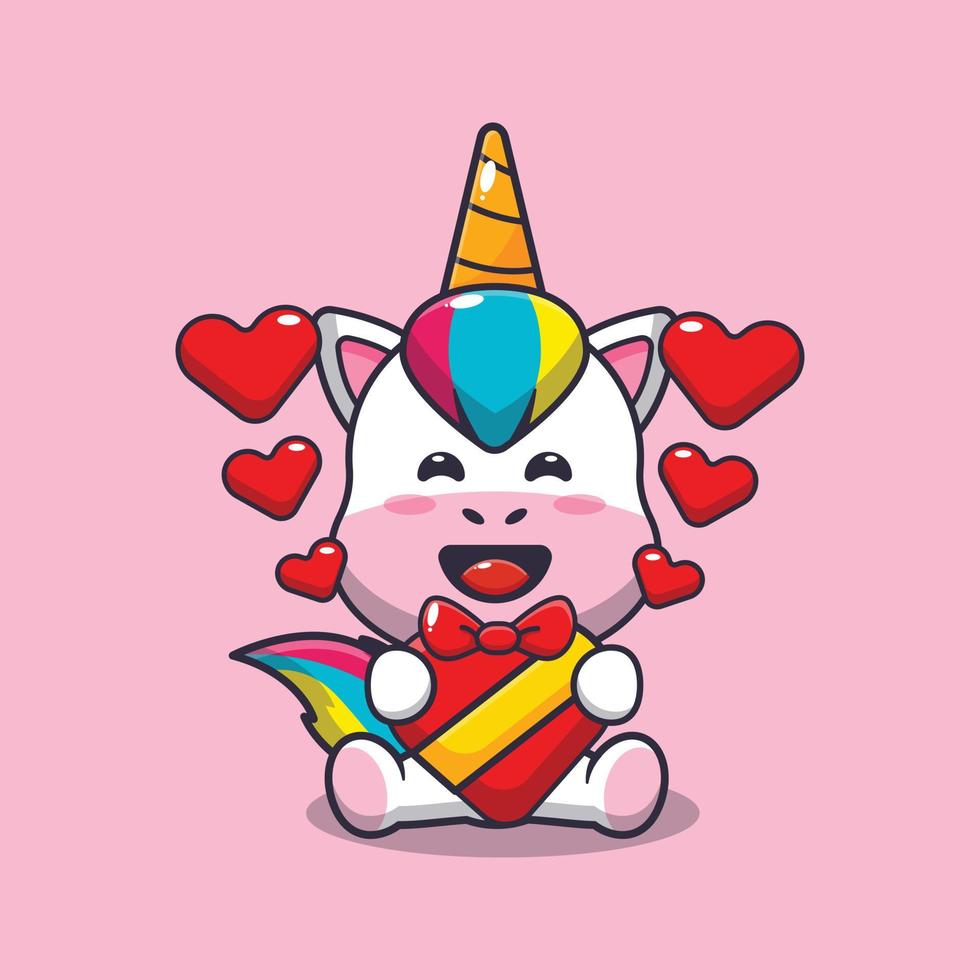 lindo personaje de dibujos animados de unicornio en el día de san valentín vector