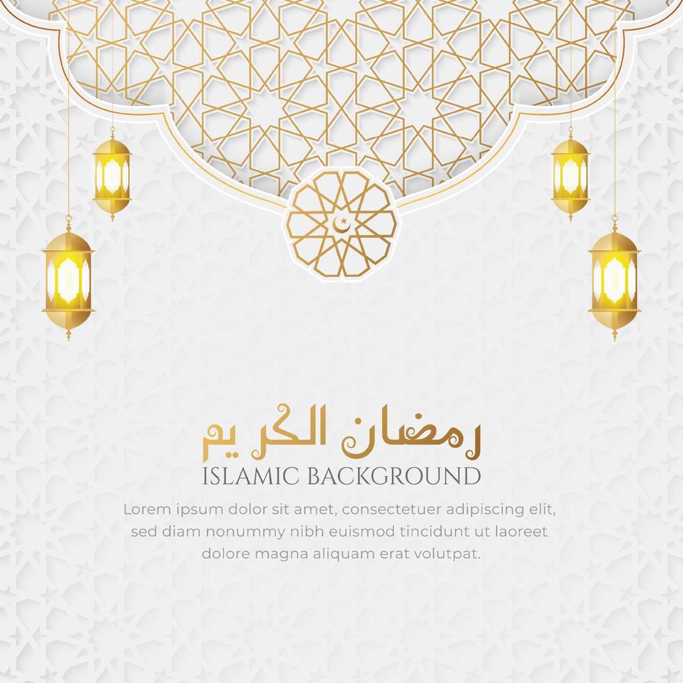 ramadan kareem árabe islámico blanco y dorado fondo ornamental de lujo con patrón islámico y linternas decorativas vector