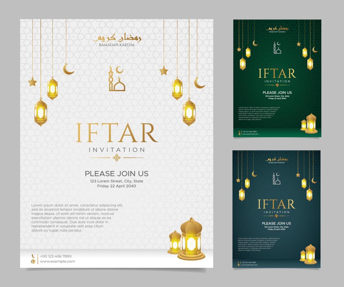 plantilla de tarjeta de felicitación de invitación de fiesta ramadan kareem iftar en 3 colores con patrón de estilo árabe vector