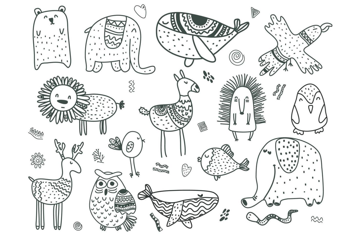 Scandinavian childrens animals and elements. Scandi style doodle animals black and white vector set.