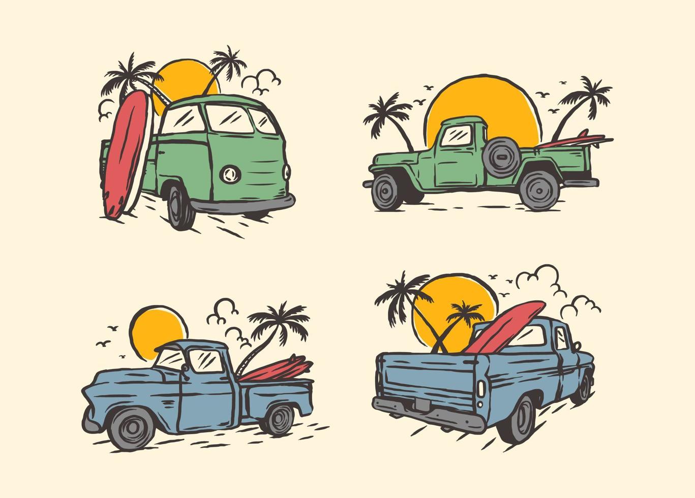 establecer etiqueta de logotipo de aventuras de coche de surf vintage dibujado a mano vector