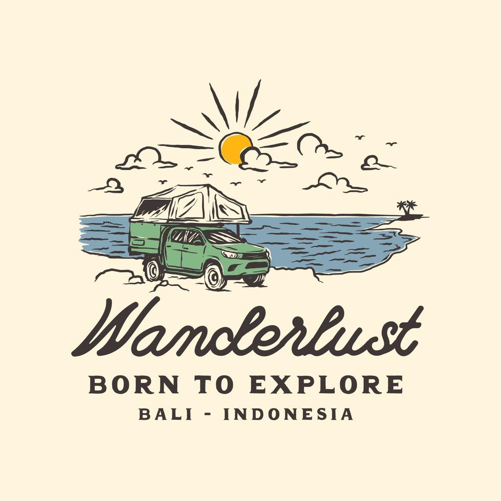 etiqueta de logotipo de aventuras de autocaravana de playa dibujada a mano vintage vector