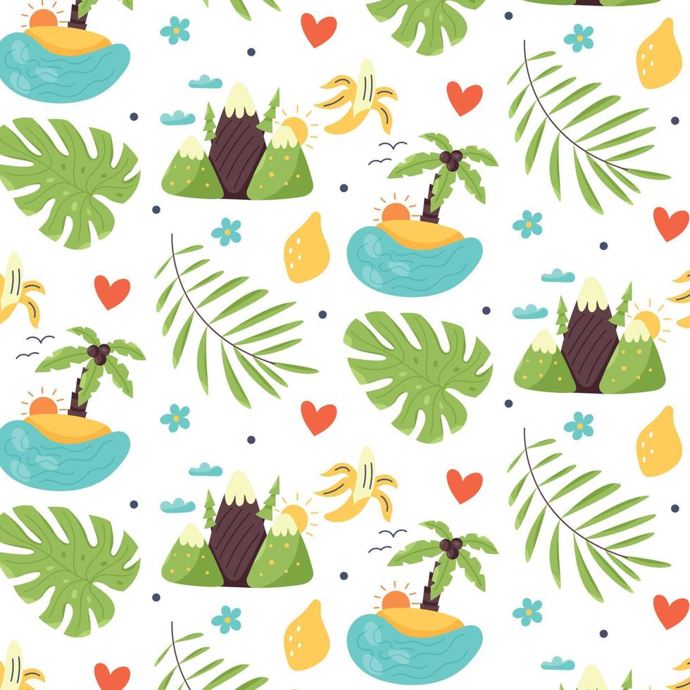 Pattern island mountains tropical leaves vector