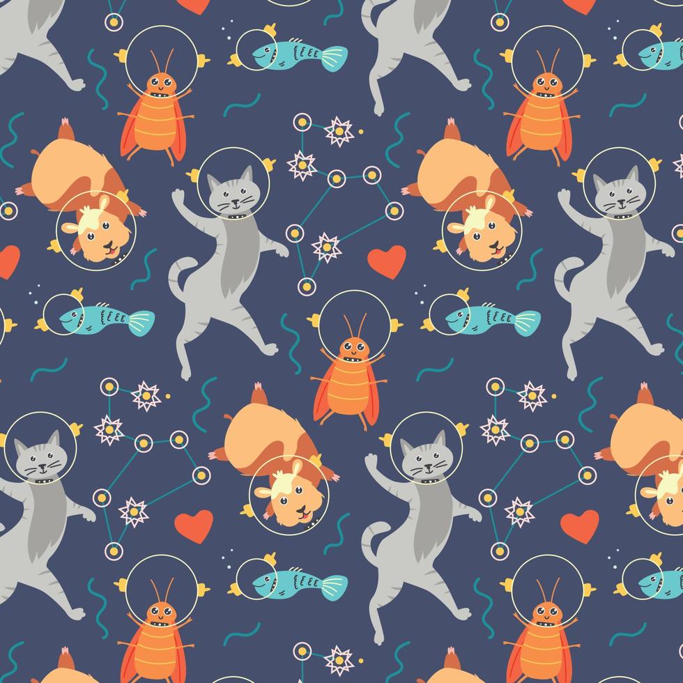 Pattern with animals astronauts cat hamster cockroach fish vector