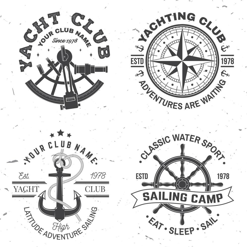 conjunto de placa de campamento de vela de verano. vector. concepto para camisa, sello o camiseta. diseño de tipografía vintage con anclas marinas negras, rueda de mano, brújula y silueta sextante. mejor actividad deportiva vector