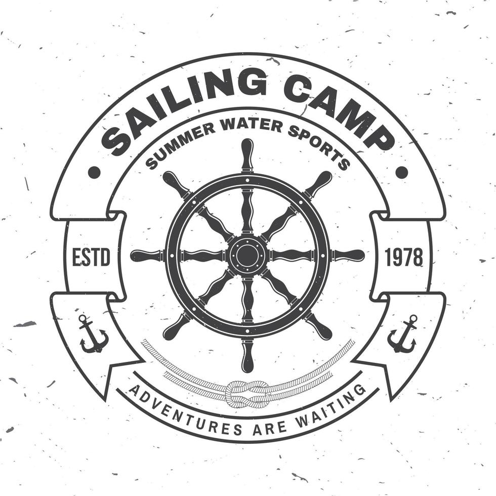 Yacht club badge. Vector. Concept for shirt, print, stamp or tee. Vintage typography design with black sea anchor , steering hand wheel ship and rope knot silhouette. Ocean adventure. vector