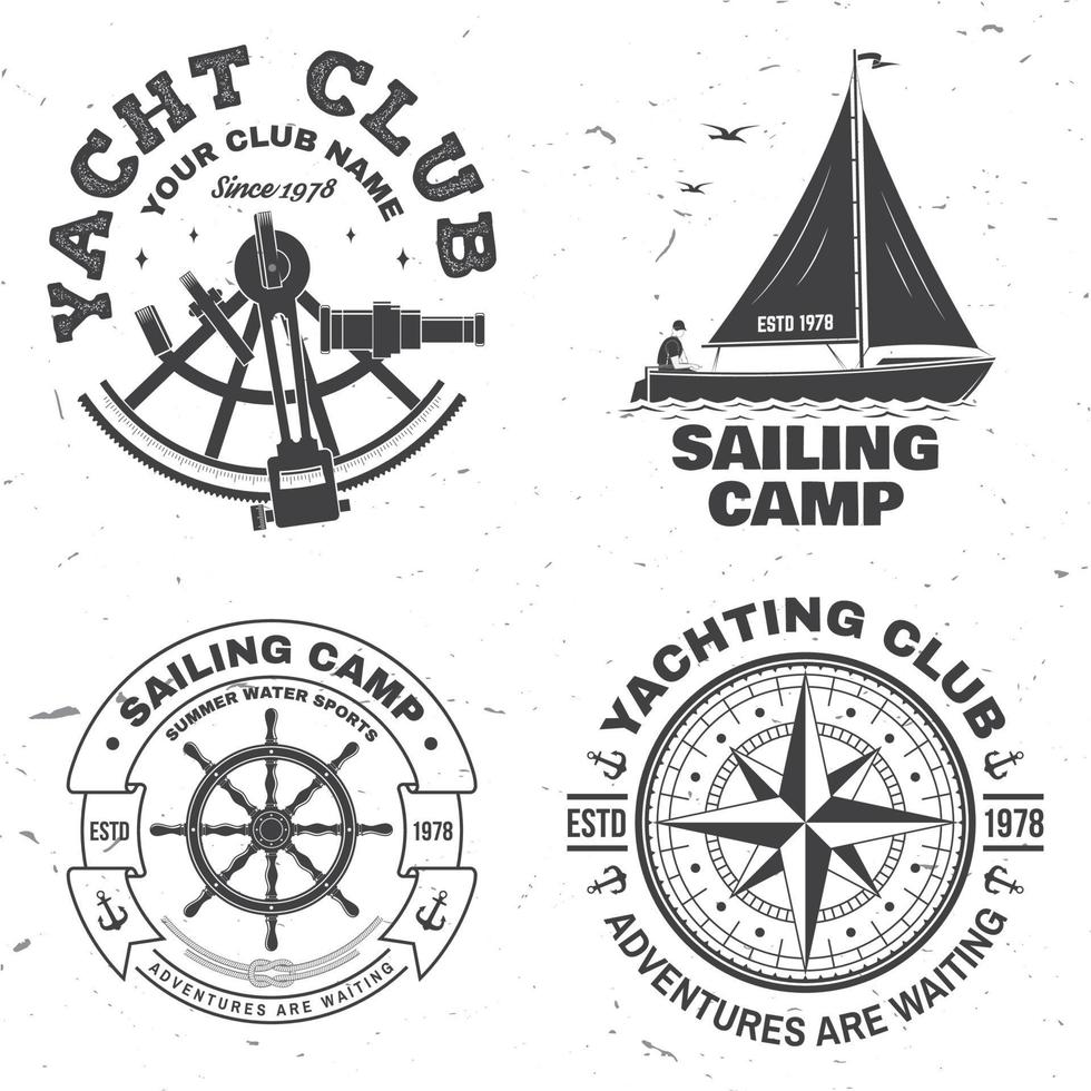 Set of summer sailing camp badge. Vector. Concept for shirt, stamp or tee. Vintage typography design with black sea anchors, hand wheel, compass and sextant silhouette. Best Sporting Activity vector