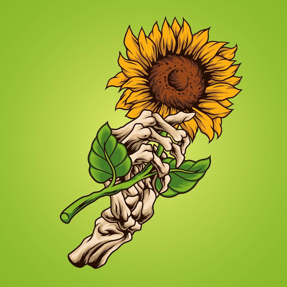 Skeleton hand holding sunflower sun vector