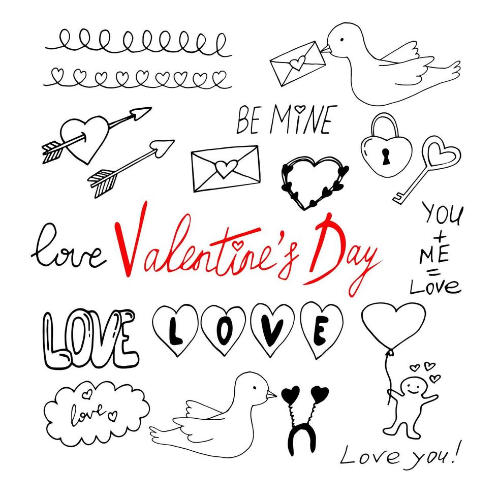 día de san valentín conjunto garabato dibujado a mano. , escandinavo, minimalismo. icono, tarjeta adhesiva amor romance vector