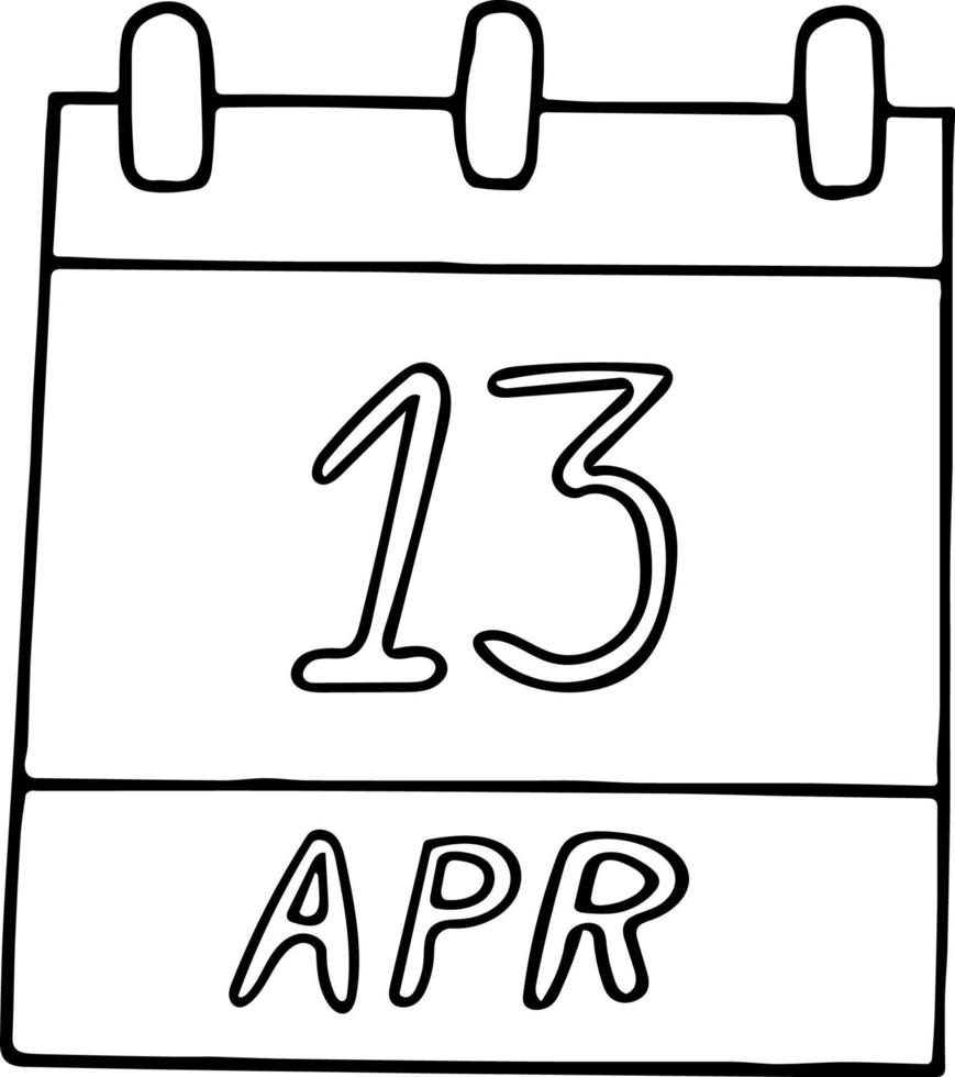 calendario dibujado a mano en estilo garabato. 13 de abril. día mundial del rock and roll, fecha. icono, elemento adhesivo para el diseño. planificación, negocios, vacaciones vector