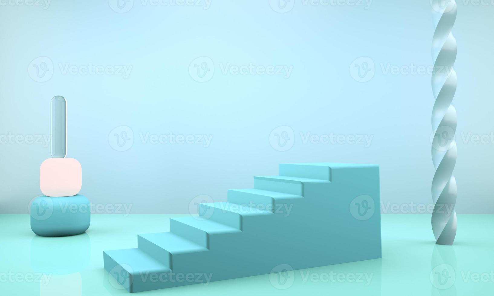 3d rendering studio with geometric shapes, podium on the floor. Platforms for product presentation, mock up background. photo
