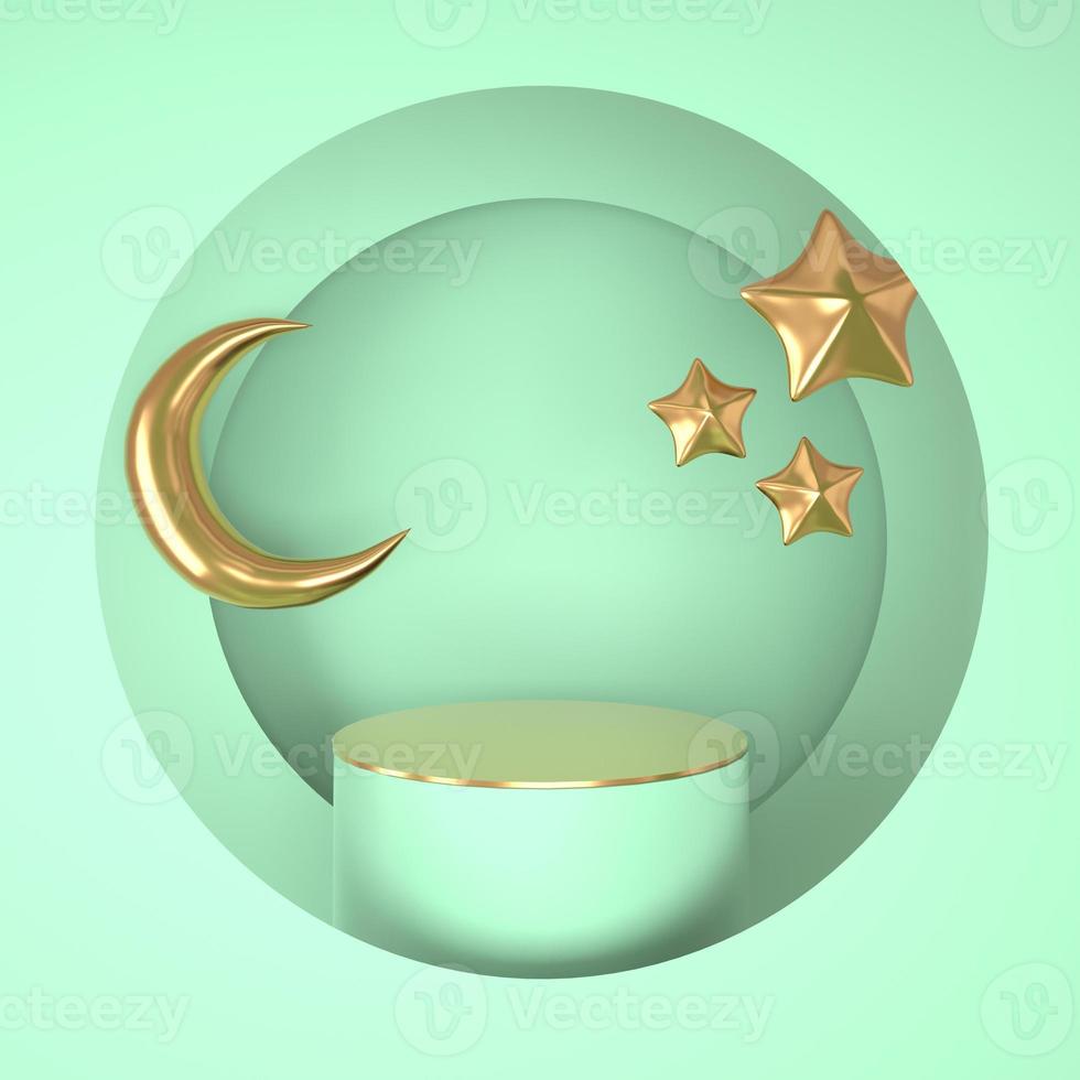 plantilla de saludo ramadan kareem con luna. podio, párese en el fondo claro de vacaciones para productos publicitarios - ilustración 3d para tarjetas, saludos. foto