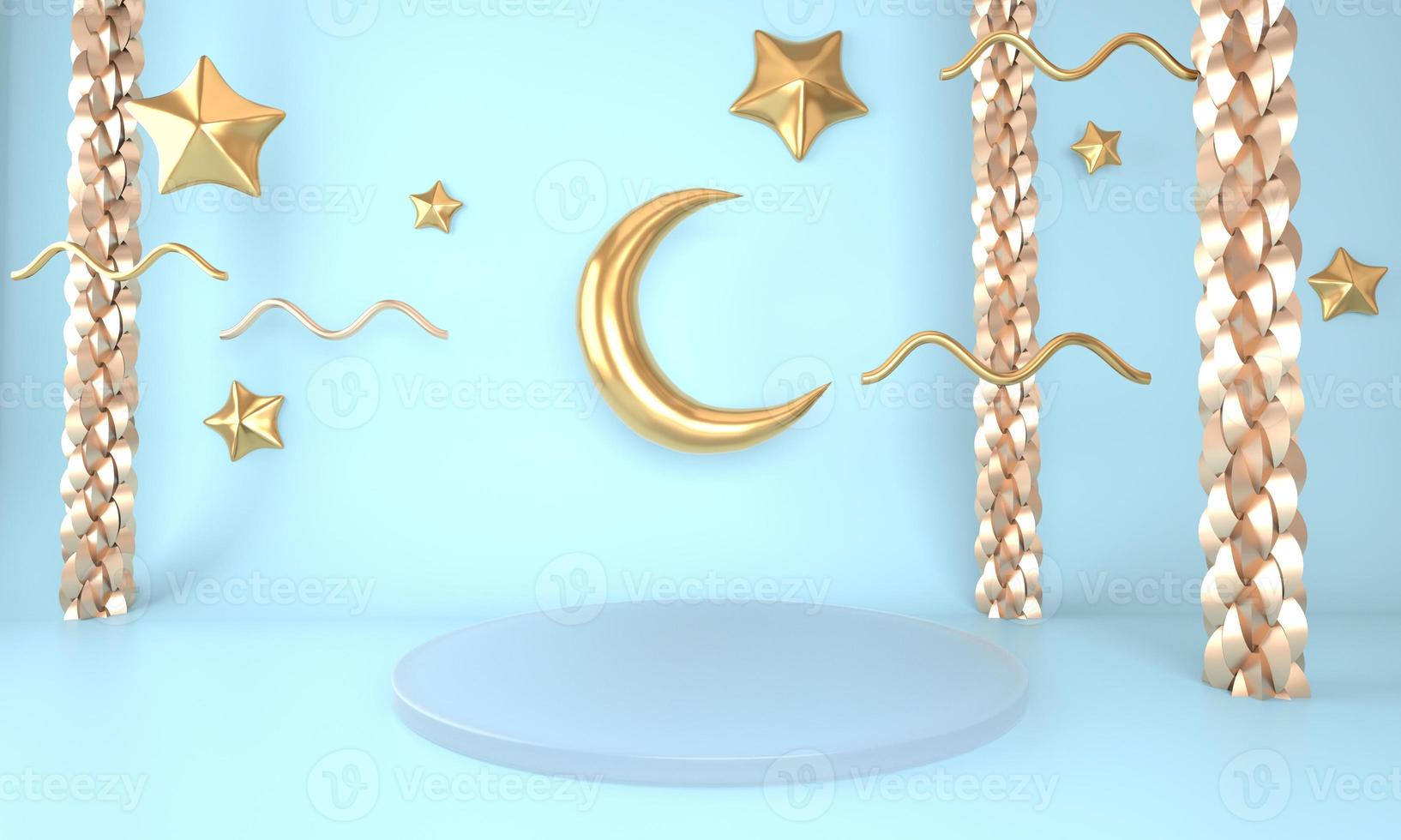 Ramadan Kareem greeting template with moon. Podium, stand on holiday light background for advertising products - 3d render illustration for cards, greetings. photo
