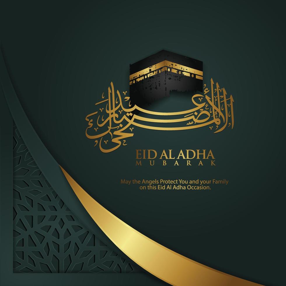 saludo islámico de lujo y elegante caligrafía eid al adha con textura de mosaico islámico ornamental vector