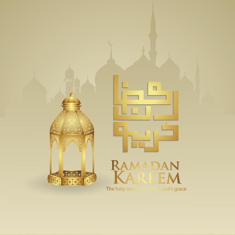 Design greeting card ramadan moment  with Luxurious arabic calligraphy,  crescent moon, traditional lantern and mosque pattern texture islamic background template. vector