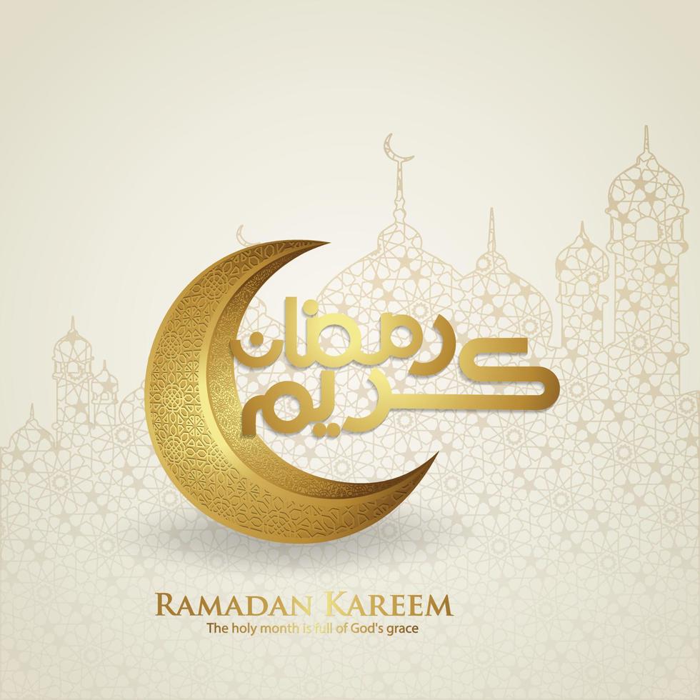 Design greeting card ramadan moment  with Luxurious arabic calligraphy,  crescent moon, traditional lantern and mosque pattern texture islamic background template. vector