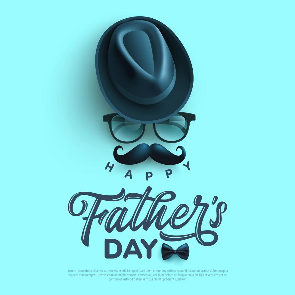 afiche del día del padre o plantilla de pancarta con el símbolo de papá de sombrero, anteojos y bigote. saludos y regalos para el día del padre en un estilo plano. promoción y plantilla de compras para papá amoroso vector