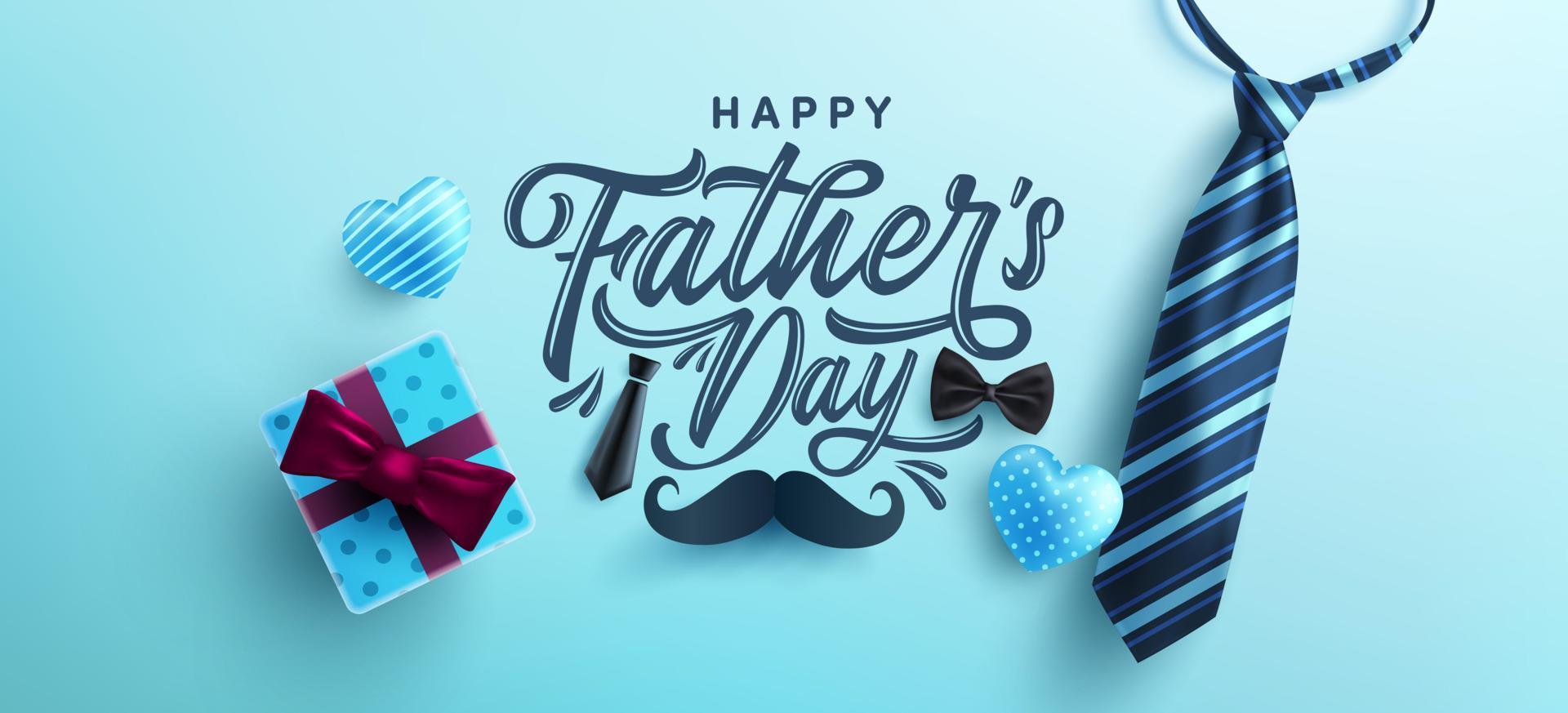 Father's Day poster or banner template with necktie and gift box on blue background.Greetings and presents for Father's Day in flat lay styling.Promotion and shopping template for love dad vector