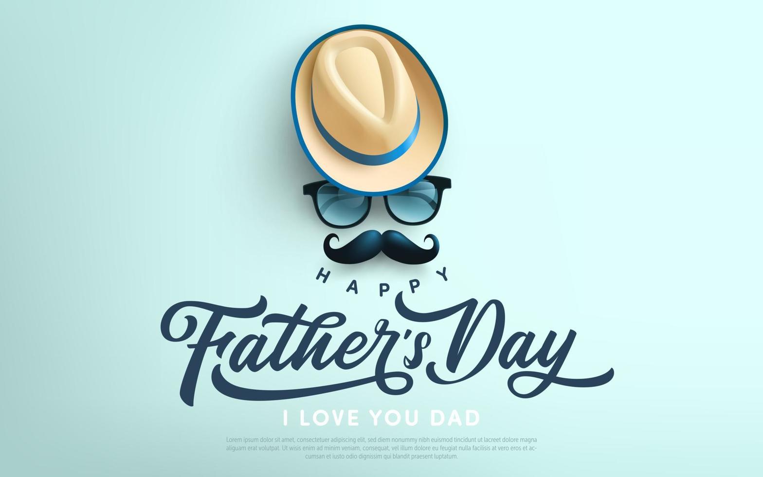 Father's Day poster or banner template with symbol of Dad from hat,glasses and mustache.Greetings and presents for Father's Day in flat lay styling.Promotion and shopping template for love dad vector