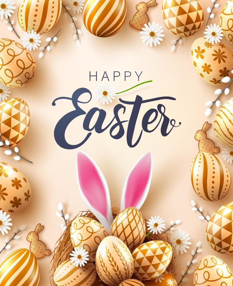 Easter poster and banner template with Golden easter eggs in the nest,cute bunny ears.Greetings and presents for Easter Day in flat lay styling.Promotion and shopping template for Easter vector