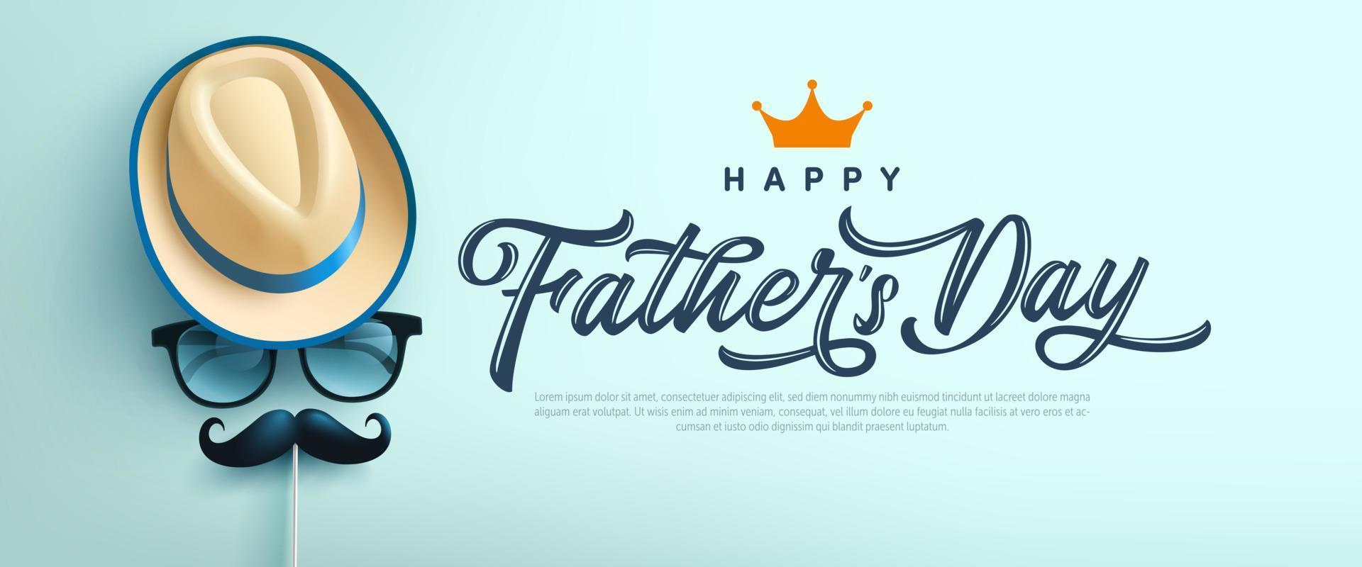Father's Day poster or banner template with symbol of Dad from hat,glasses and mustache.Greetings and presents for Father's Day in flat lay styling.Promotion and shopping template for love dad vector