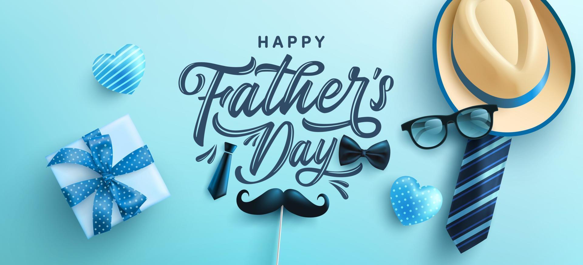 Father's Day poster or banner template with hat,necktie and gift box on blue background.Greetings and presents for Father's Day in flat lay styling.Promotion and shopping template for love dad vector