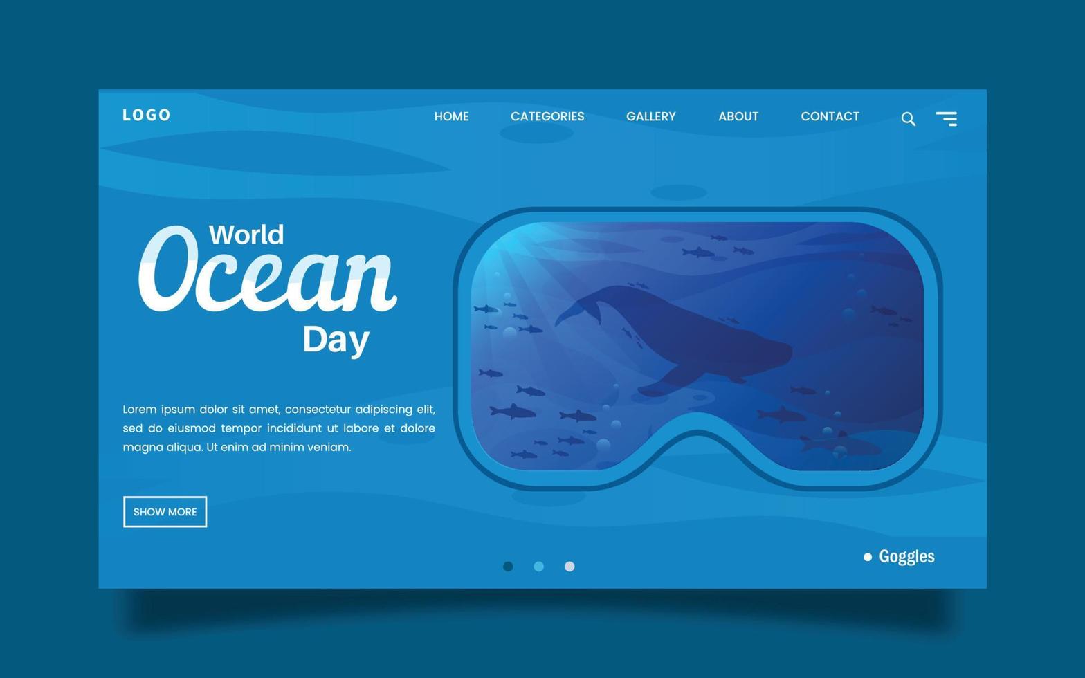 Landing Page for World Ocean Day - see through diving goggles vector