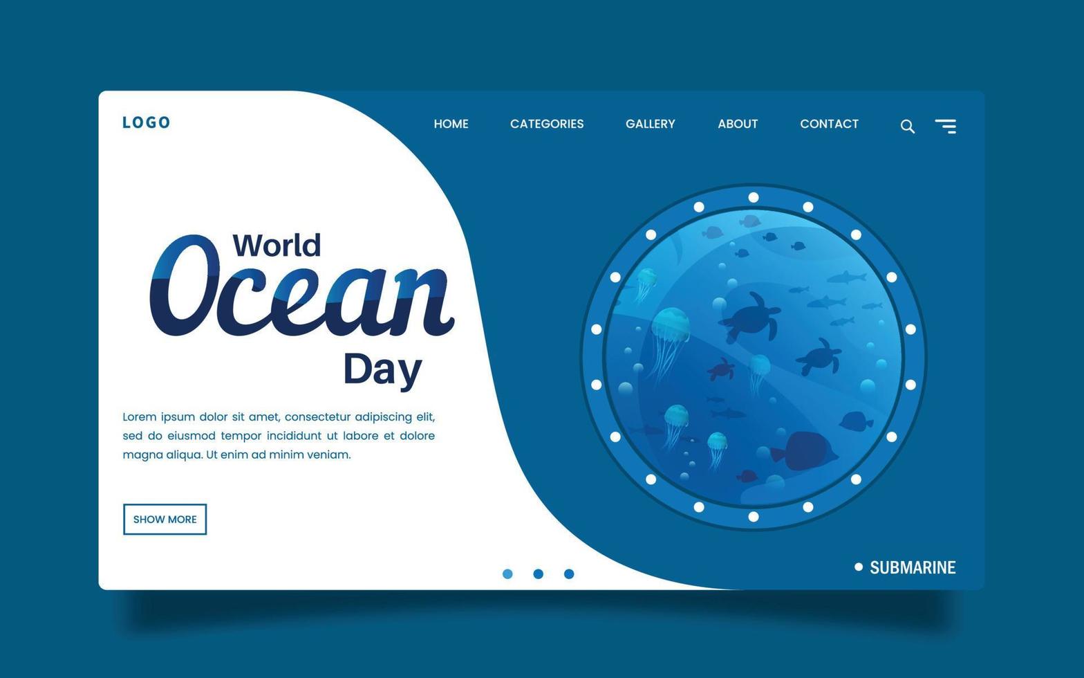 World Ocean Day Landing Page - Look Through the Submarine Mirror. vector
