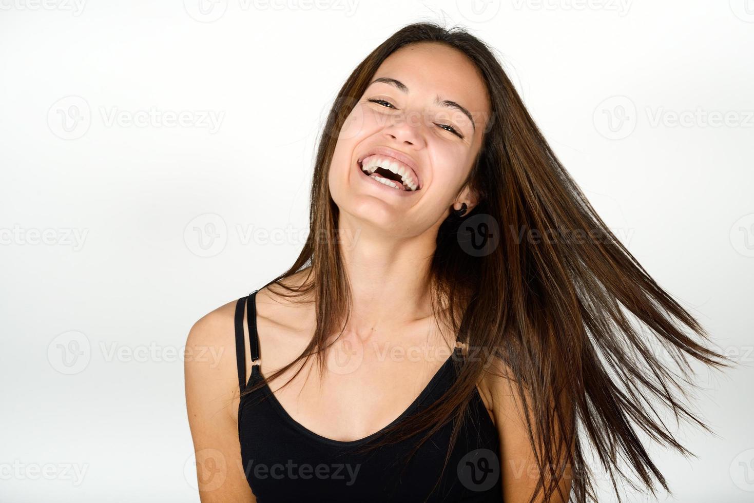 Beautiful young woman without make-up on white background photo