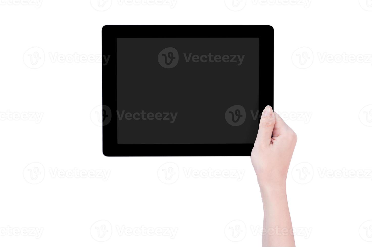 Teenage beautiful girl holding a black tablet pc template with gray screen isolated on white background, close up, mock up, clipping path, cut out photo