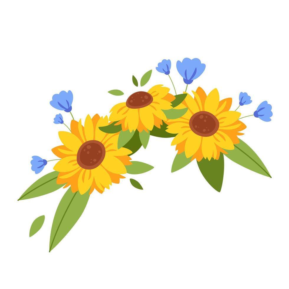 Sunflowers bouquet. Summer flowers, flowers wreath. vector